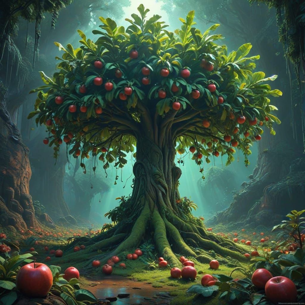 Majestic Banana Tree with Glowing Apples in Hyperrealistic S...