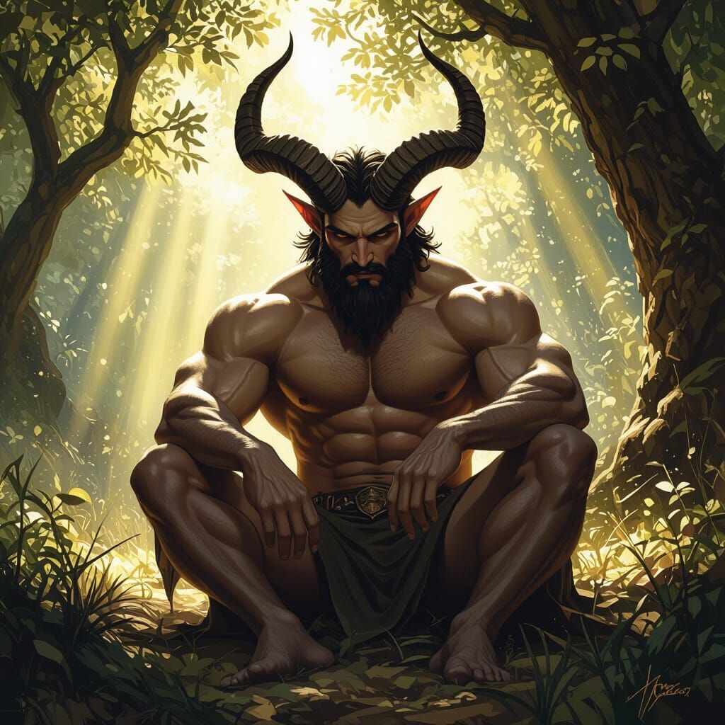 Muscular Satyr in Sun-Dappled Forest Clearing