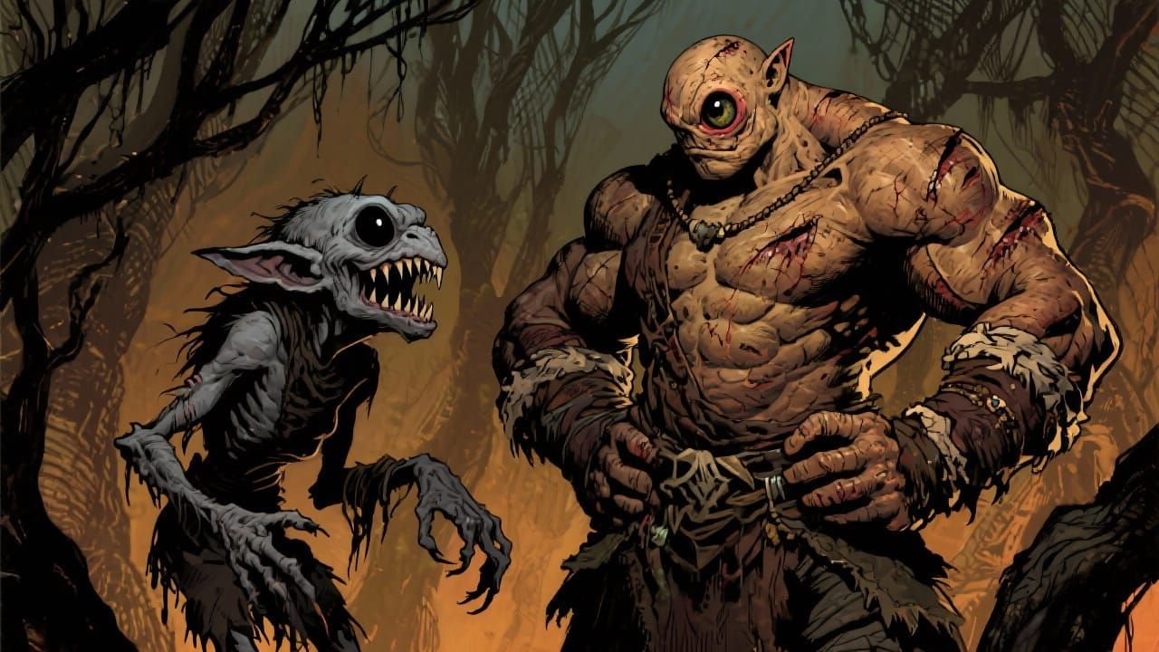 Muscular Cyclops and Goblin in Vibrant Fantasy Art