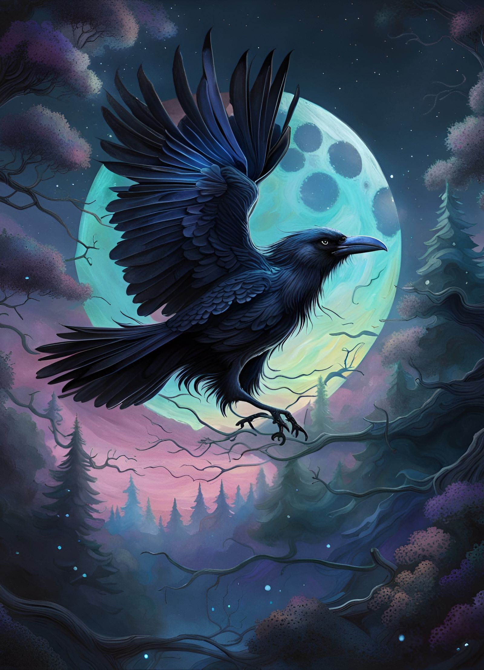 Raven Flight Over Moonlit Forest in Digital Art