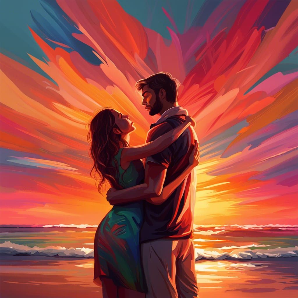 Sunset Embrace: Hyperrealistic Beach Scene