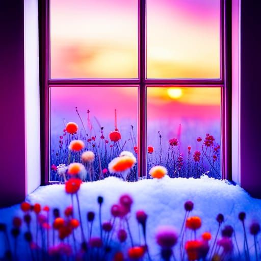 Crystal Window Over Snowy Field with Neon Flowers