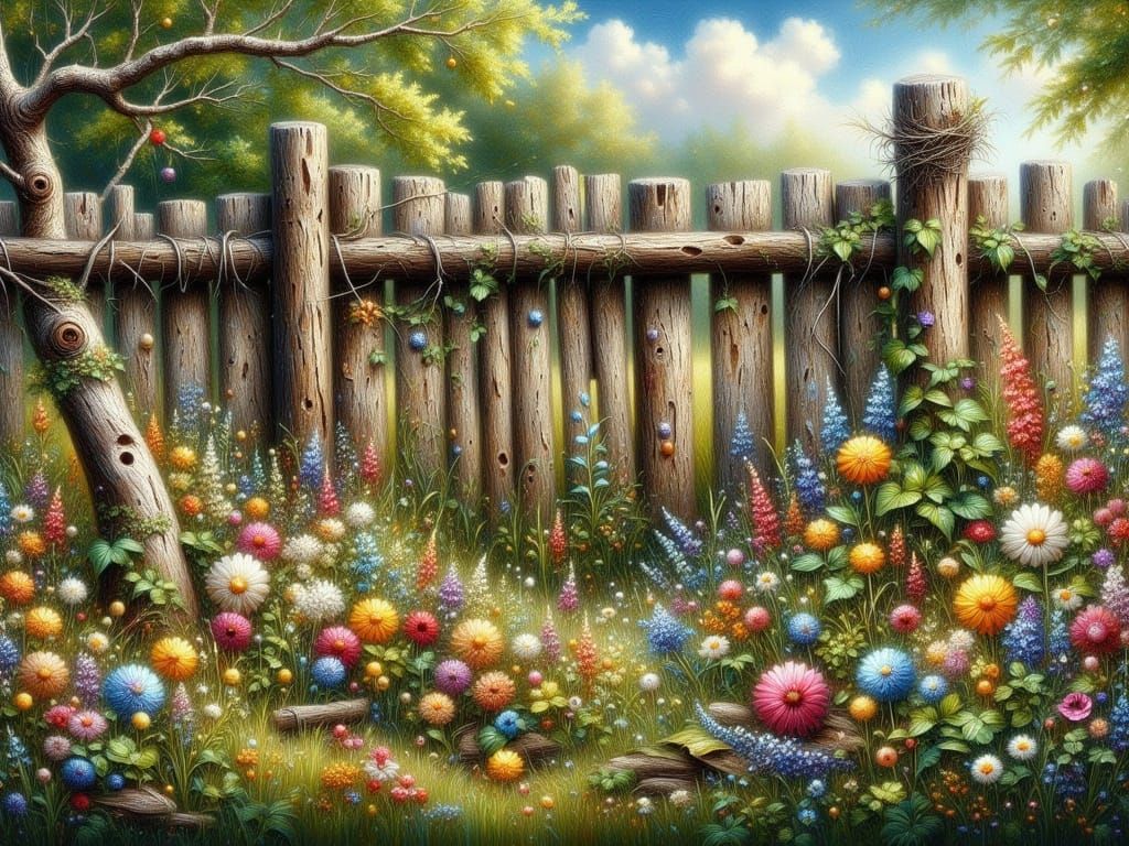 Rustic Fence Adorned with Wildflowers