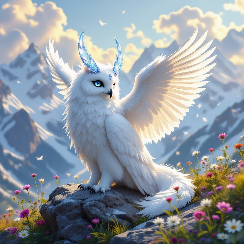 Winged Crystal Creature in Mountain Landscape