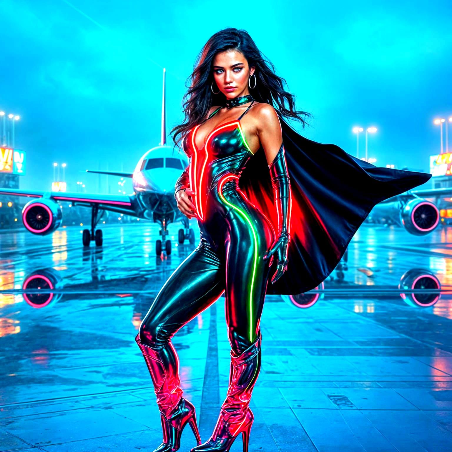 Cyberpunk Goddess Leaps onto Airport Runway
