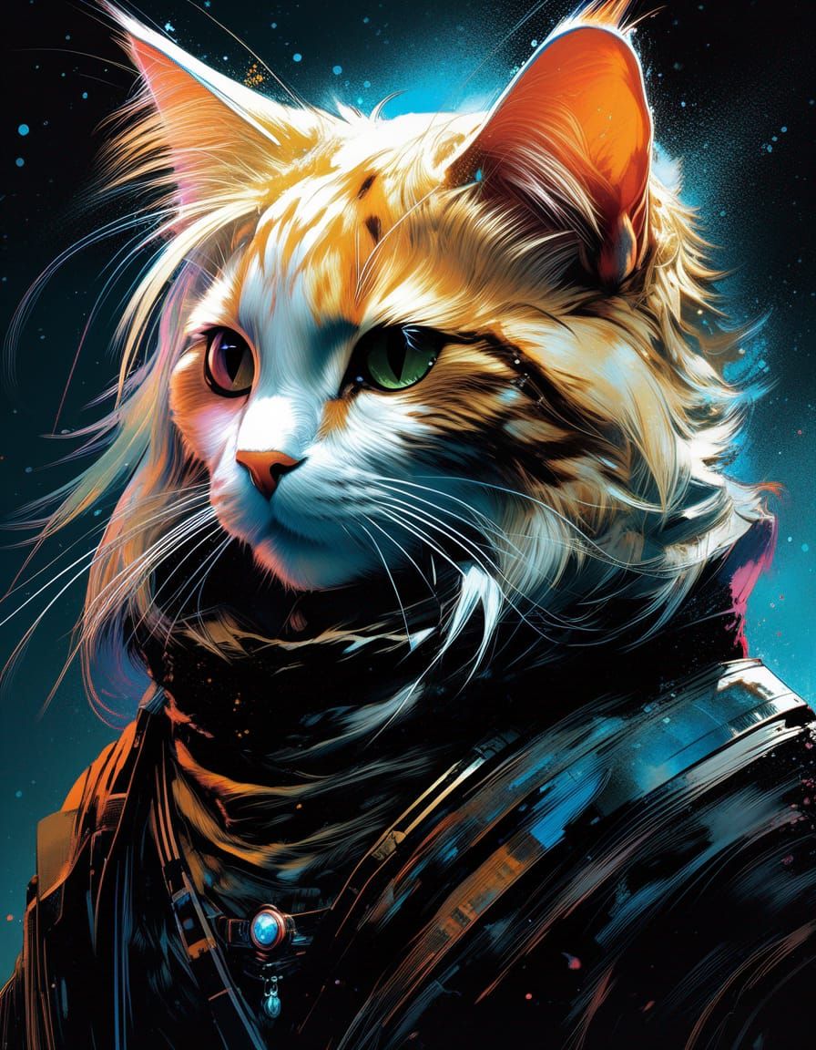 Anime Cat Jedi Portrait in Polychromatic Splash Art Style