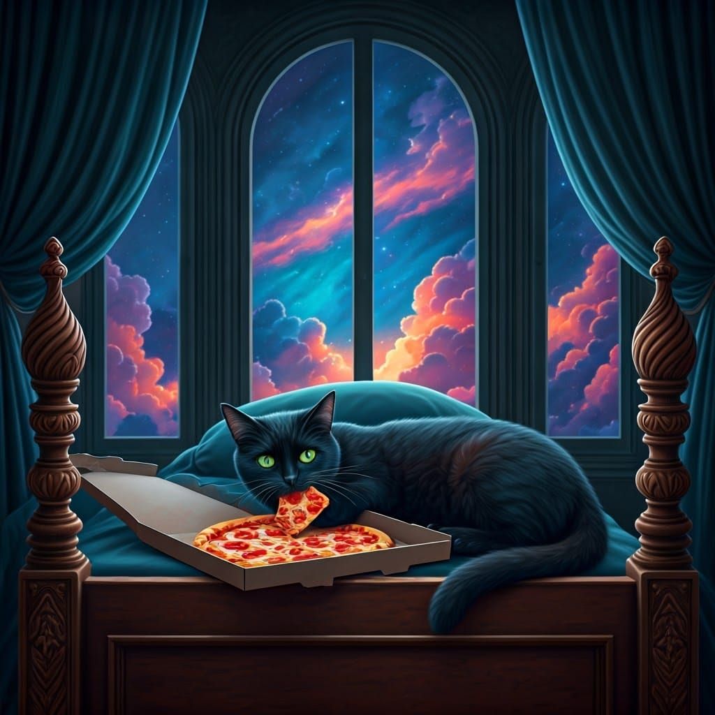 Black Cat Enjoys Pizza in Magical Castle, Digital Matte Pain...
