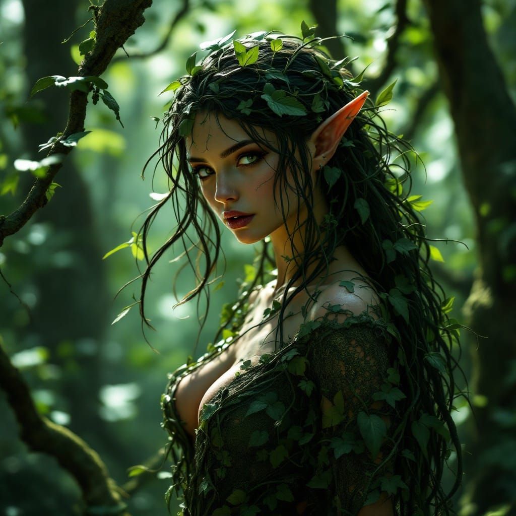 Forest Elf with Vine Hair: Detailed Matte Painting
