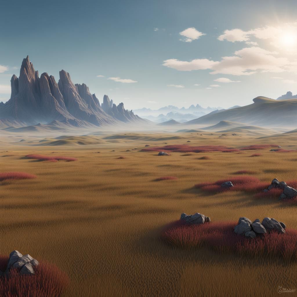 Untouched Steppe Landscape with Distant Mountains
