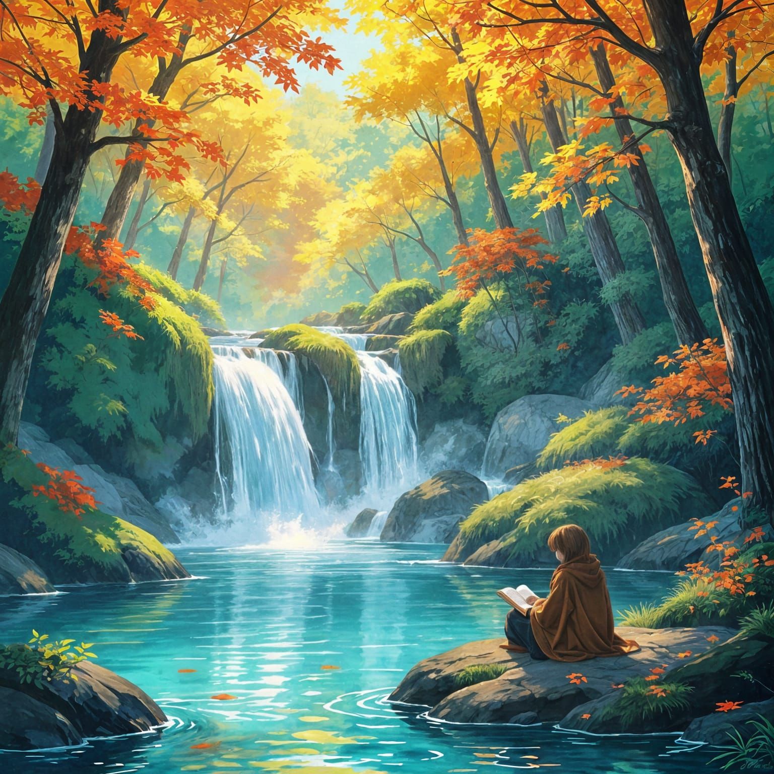 Autumn Waterfall Serenity in Watercolor Anime Style
