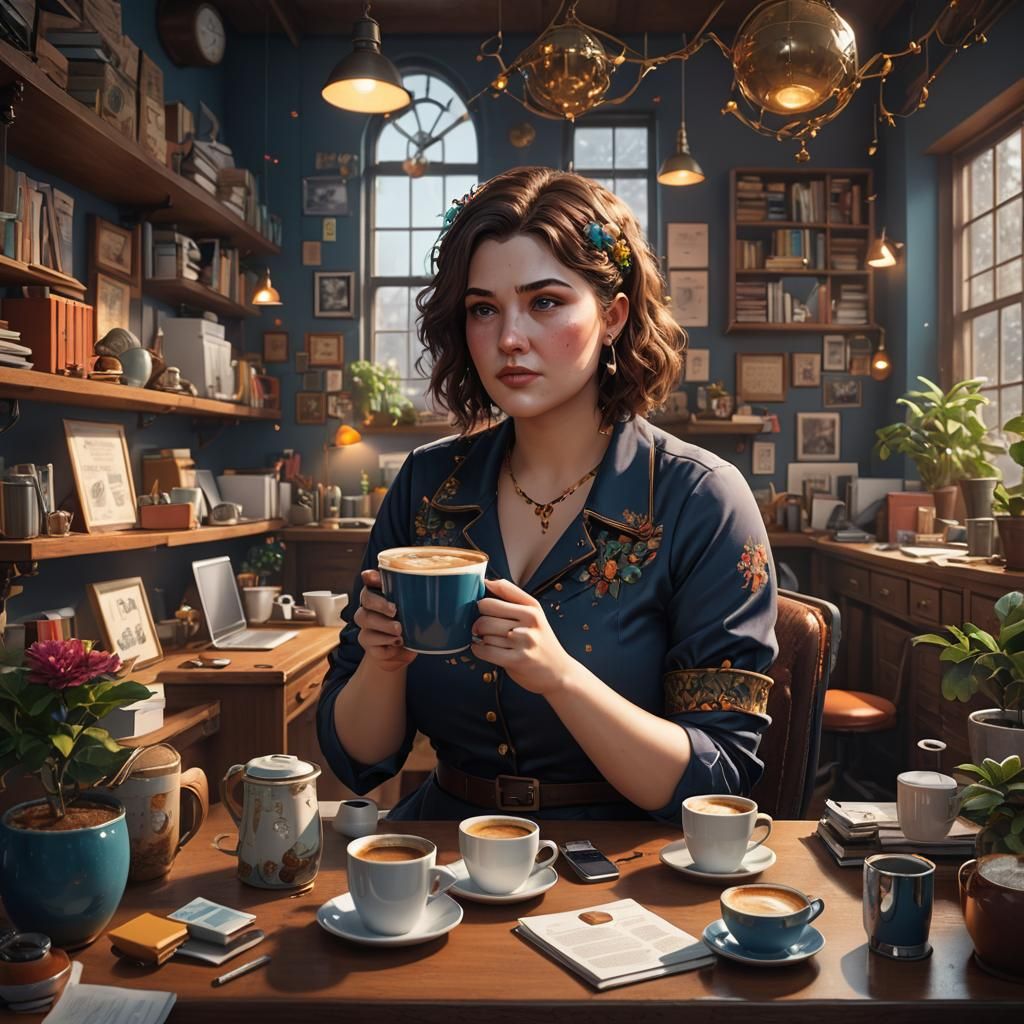 Excited Girl Drinks Coffee in Detailed Matte Painting
