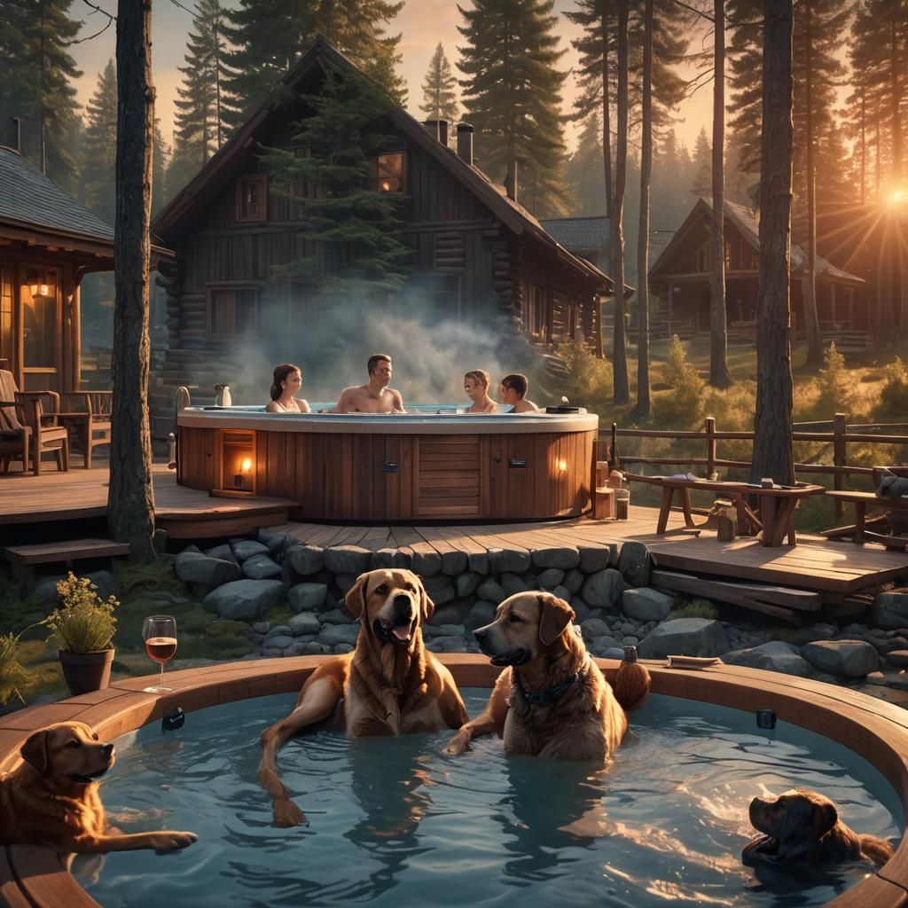 Log Cabin Hot Tub Scene at Sunset