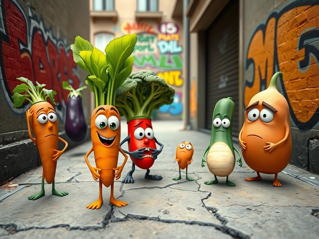 Anthropomorphic Vegetables on a Dilapidated Sidewalk