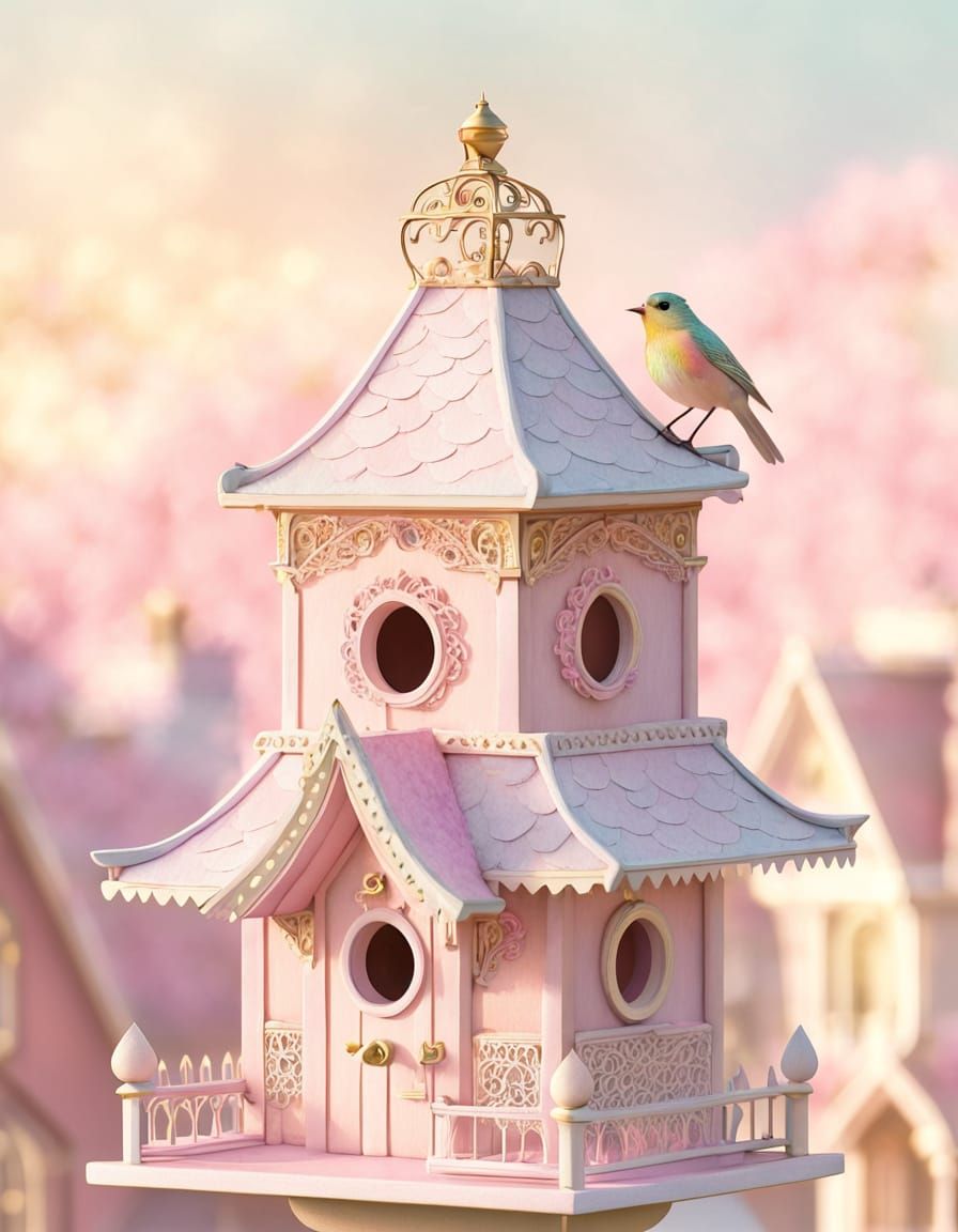 Whimsical Victorian Birdhouse in Watercolor Style