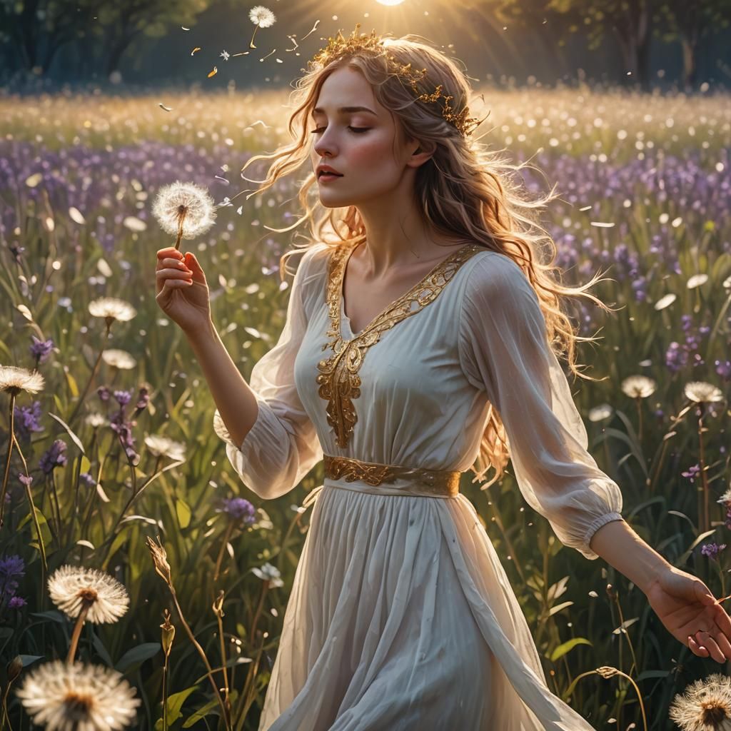 Girl in Meadow Blowing Dandelion, Art Nouveau Style