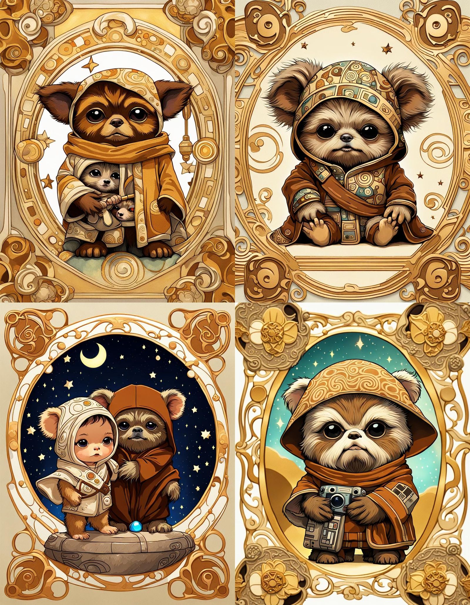 Klimt-Inspired Baby Grogu and Ewok in Arabesque Style