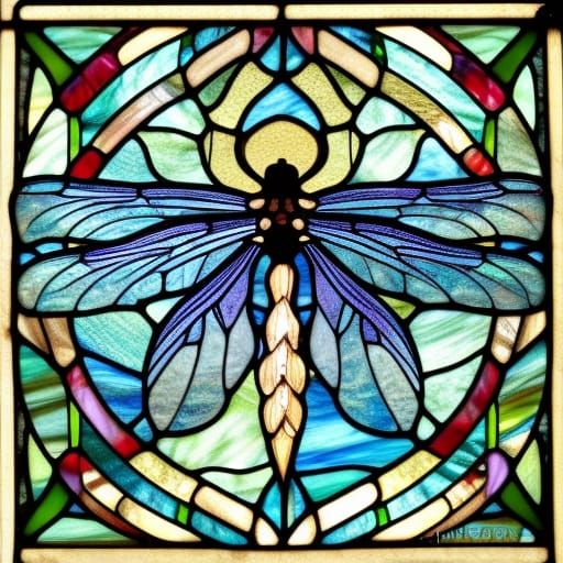 Intricate Dragonfly Stained Glass in Art Nouveau Style