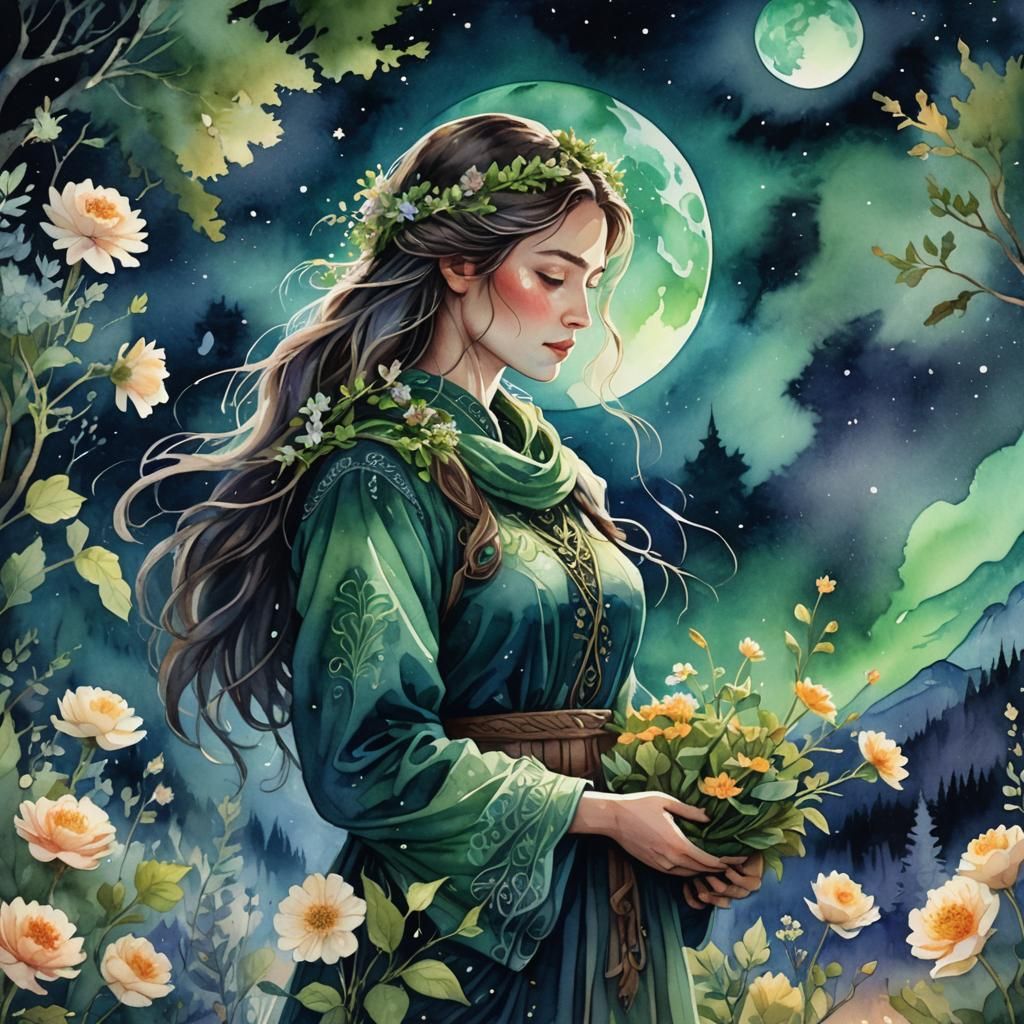 Mother Earth Embracing Nature Under Northern Lights