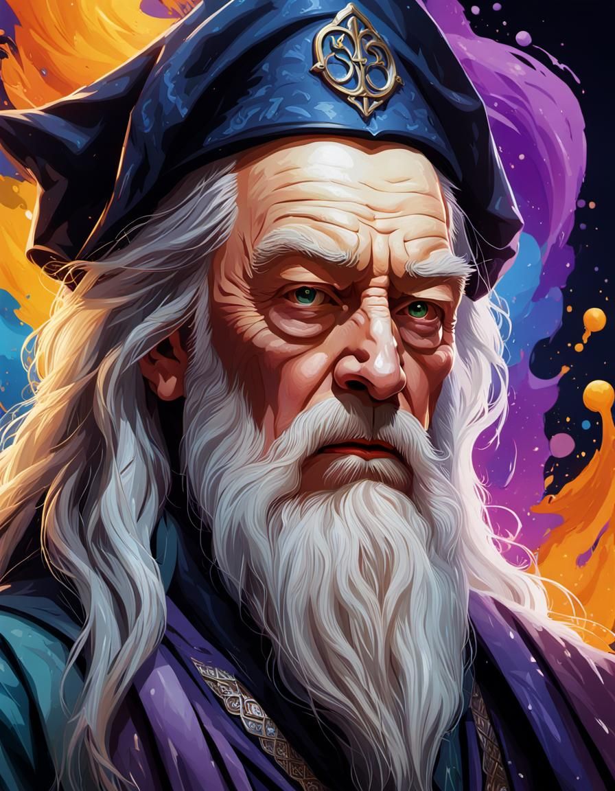 Hyperrealistic Portrait of Dumbledore with Colorful Accents