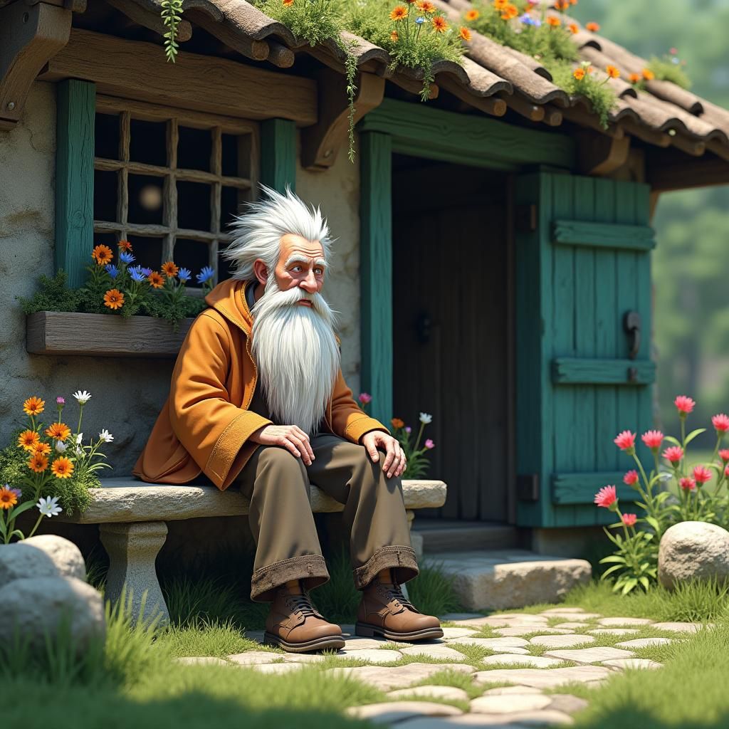 Rustic Cottage Scene: Old Man with White Beard
