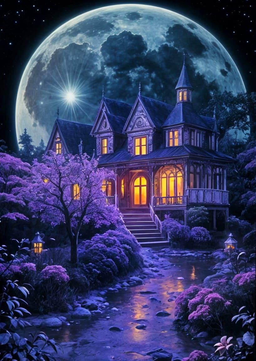 Luminous Moonscape in Gothic Folk Art Style