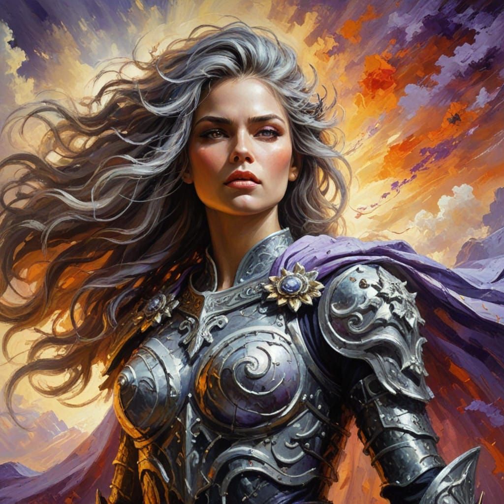 Impasto painting of a fierce and graceful warrior queen