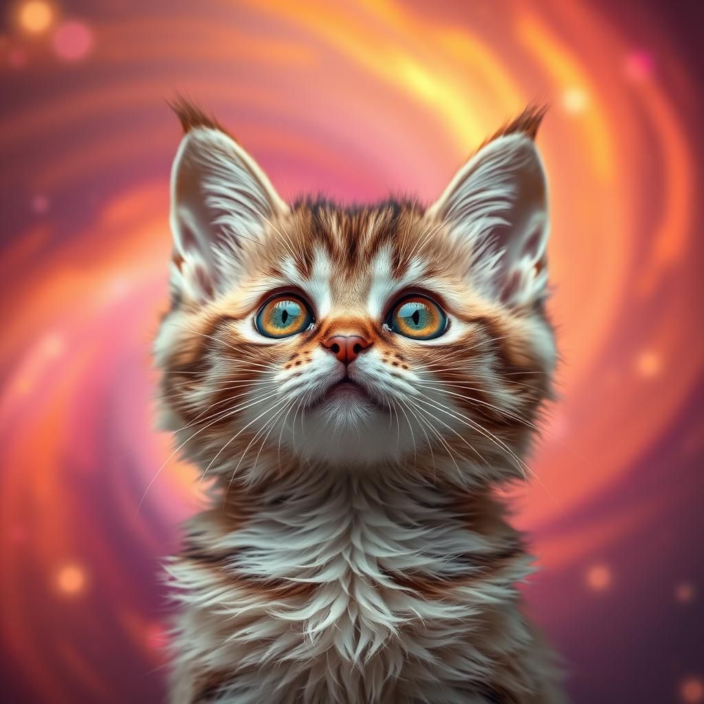 Adorable Cat Gazing at Celestial Aurora in Digital Art