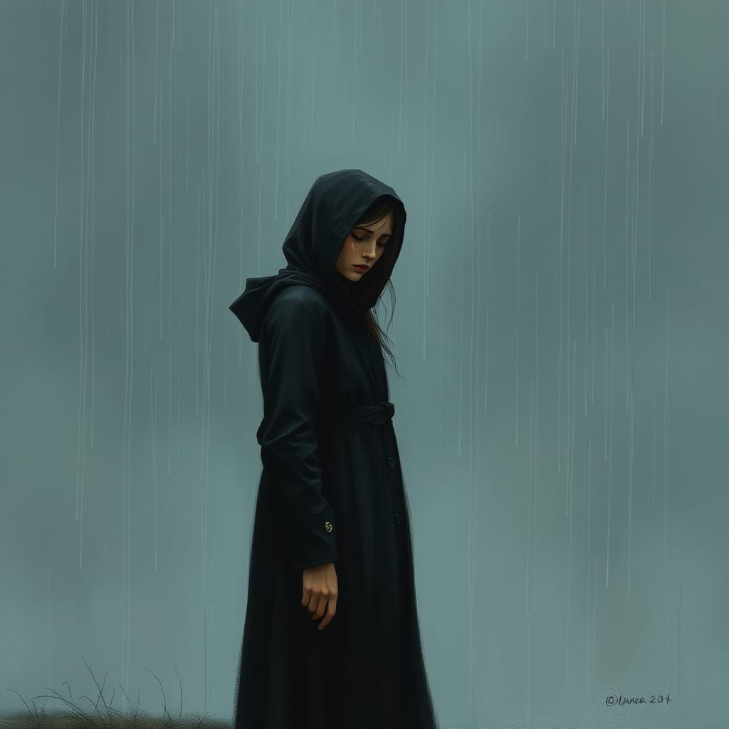 Melancholic Woman in Rain: Eerie, Emotional Art