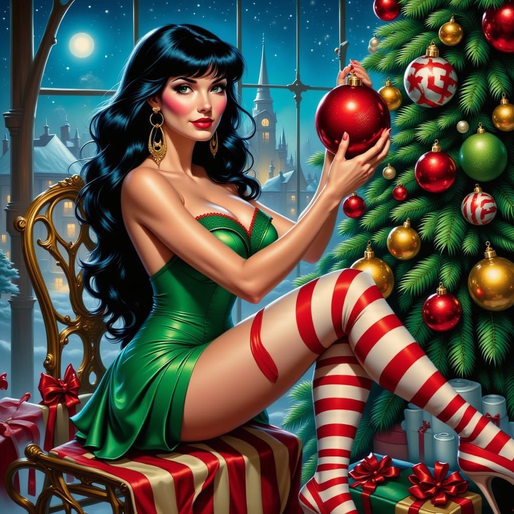 Woman in Green Dress Places Christmas Ornament