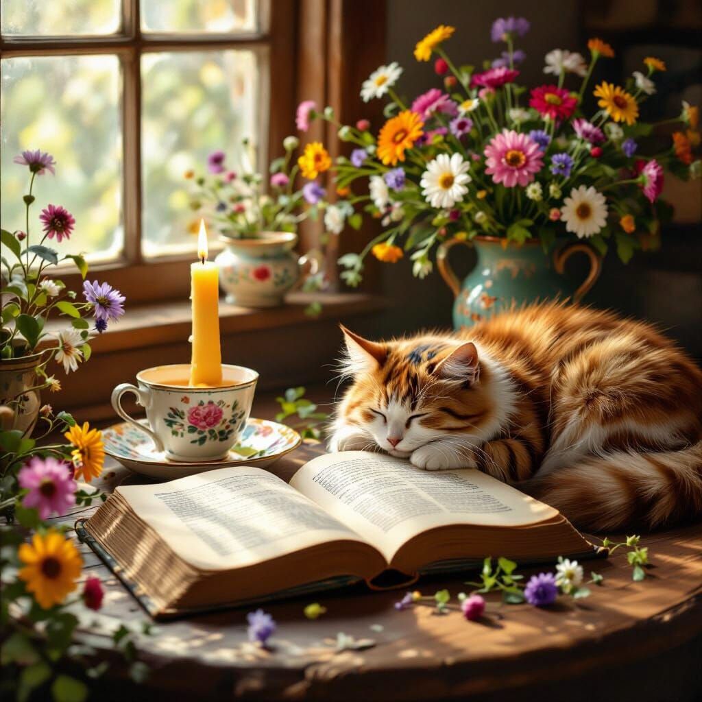 Whimsical Still Life with Cat, Book, and Flowers