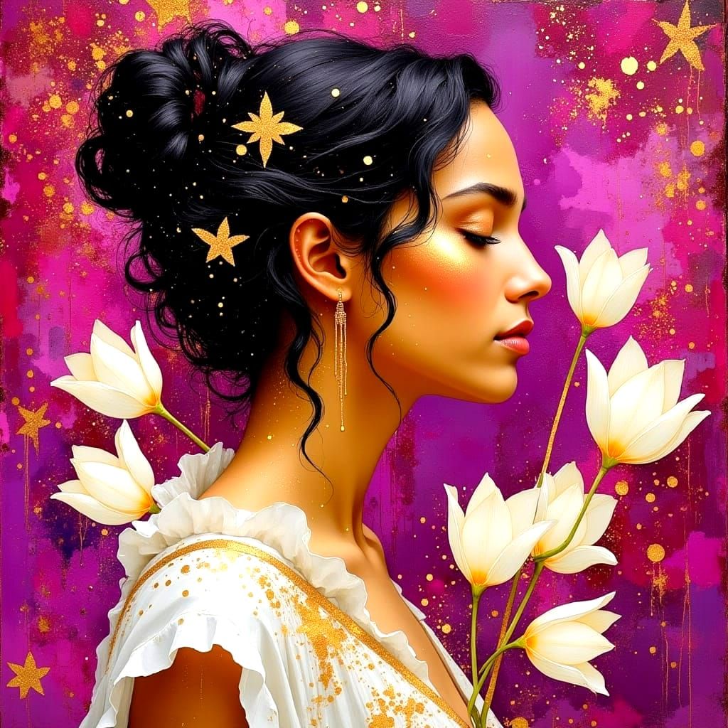 Meditative Woman with Tulips in Mixed Media Style