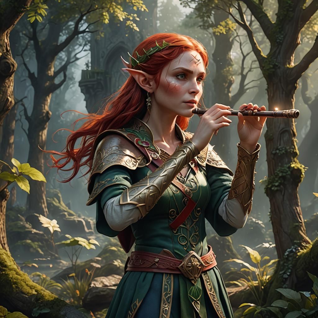 Red-Haired Elf Plays Flute in Detailed Fantasy Art