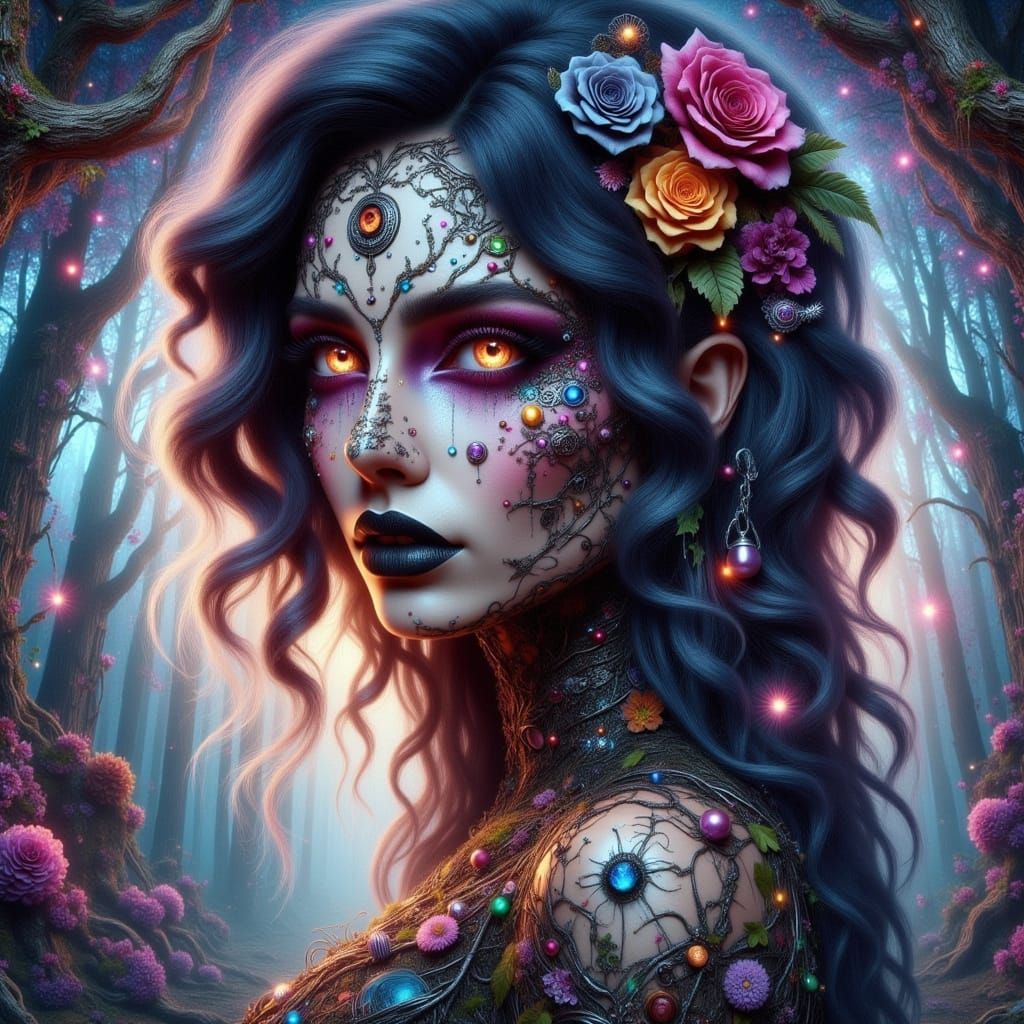 Dreamy Cyber Goth Goddess in Vibrant Wonderland