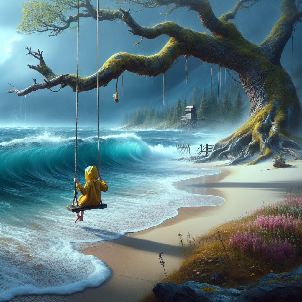 Stormy Beachside Swing in Epic Digital Painting
