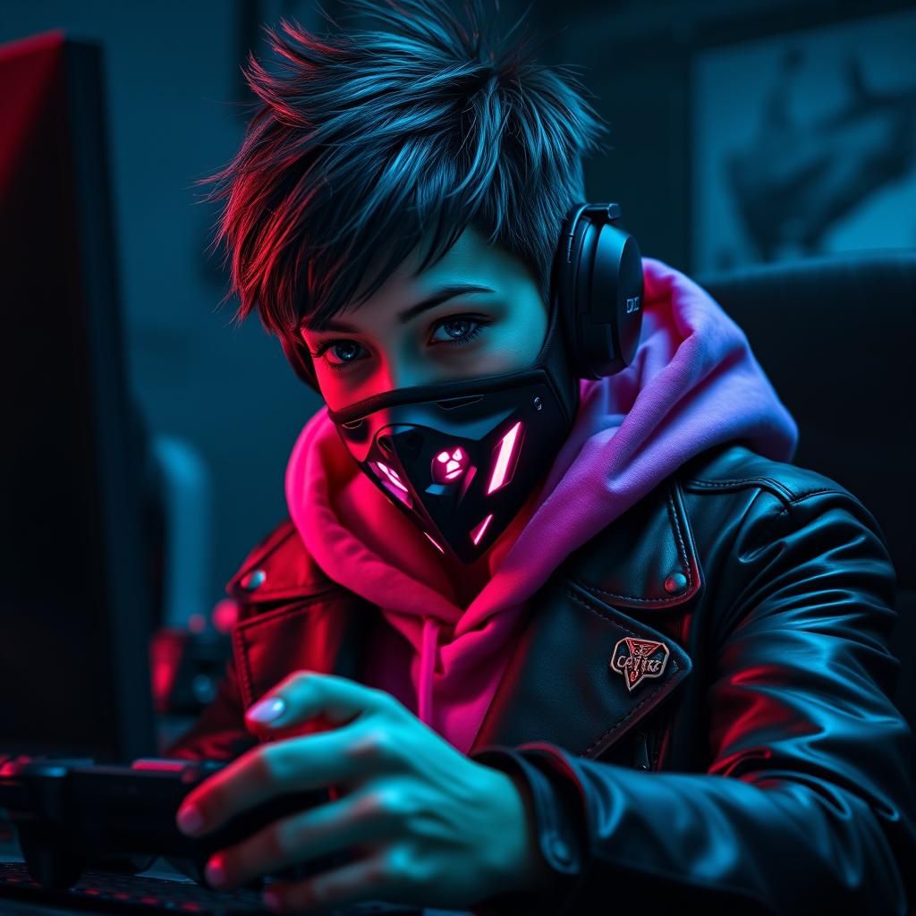 Intense Neon Gamer Girl in Cyberpunk Style