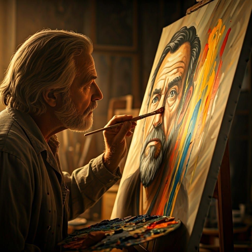 Hyperrealistic Painter Lost in Artistic Vortex