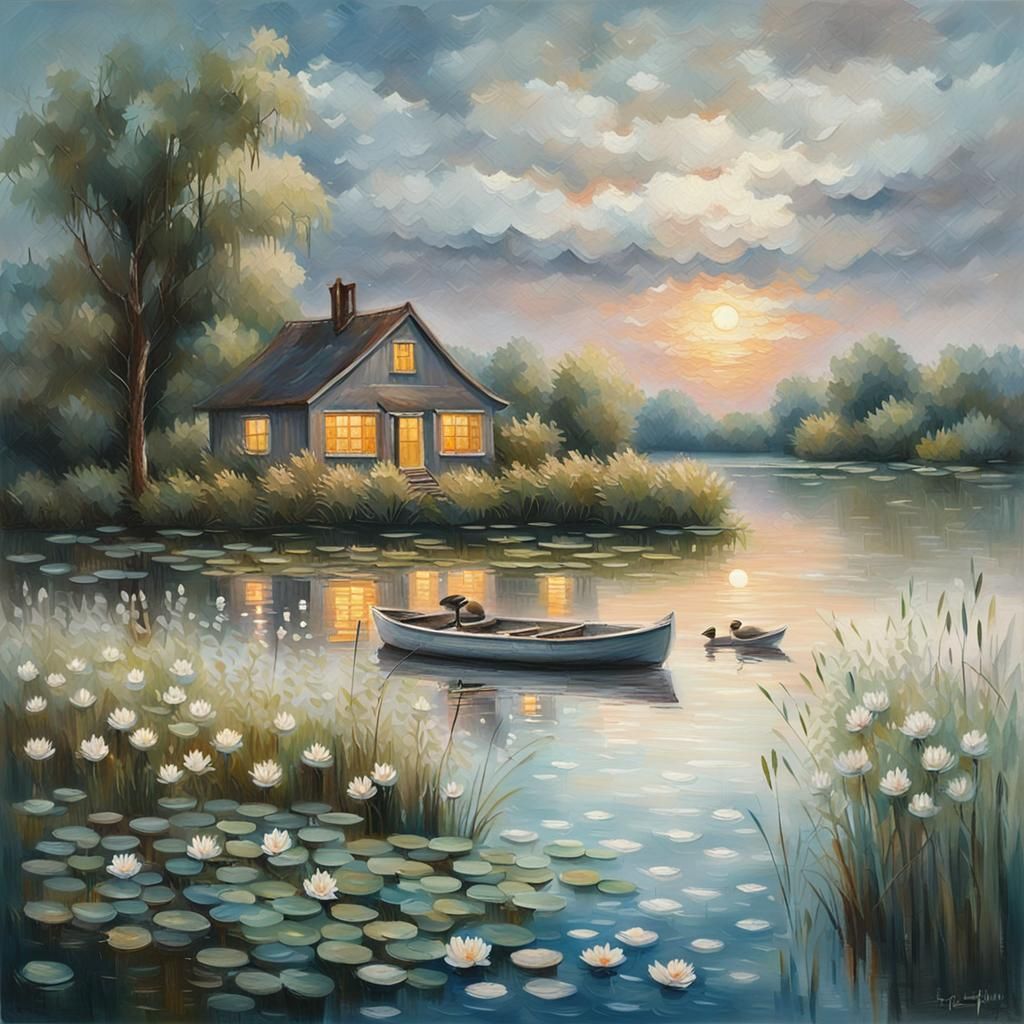 Impressionistic Lake at Dawn with Water Lilies
