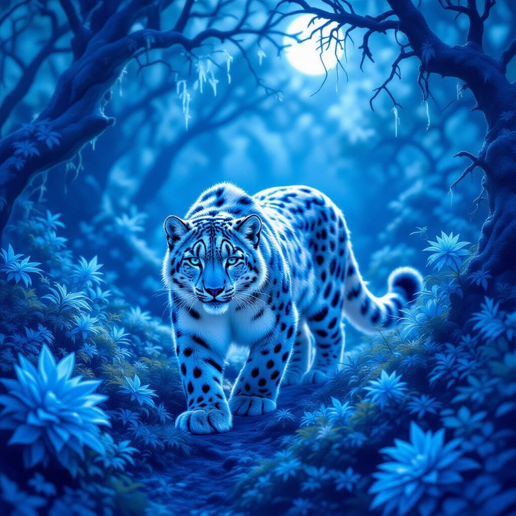 Snow Leopard in Bioluminescent Rune Forest
