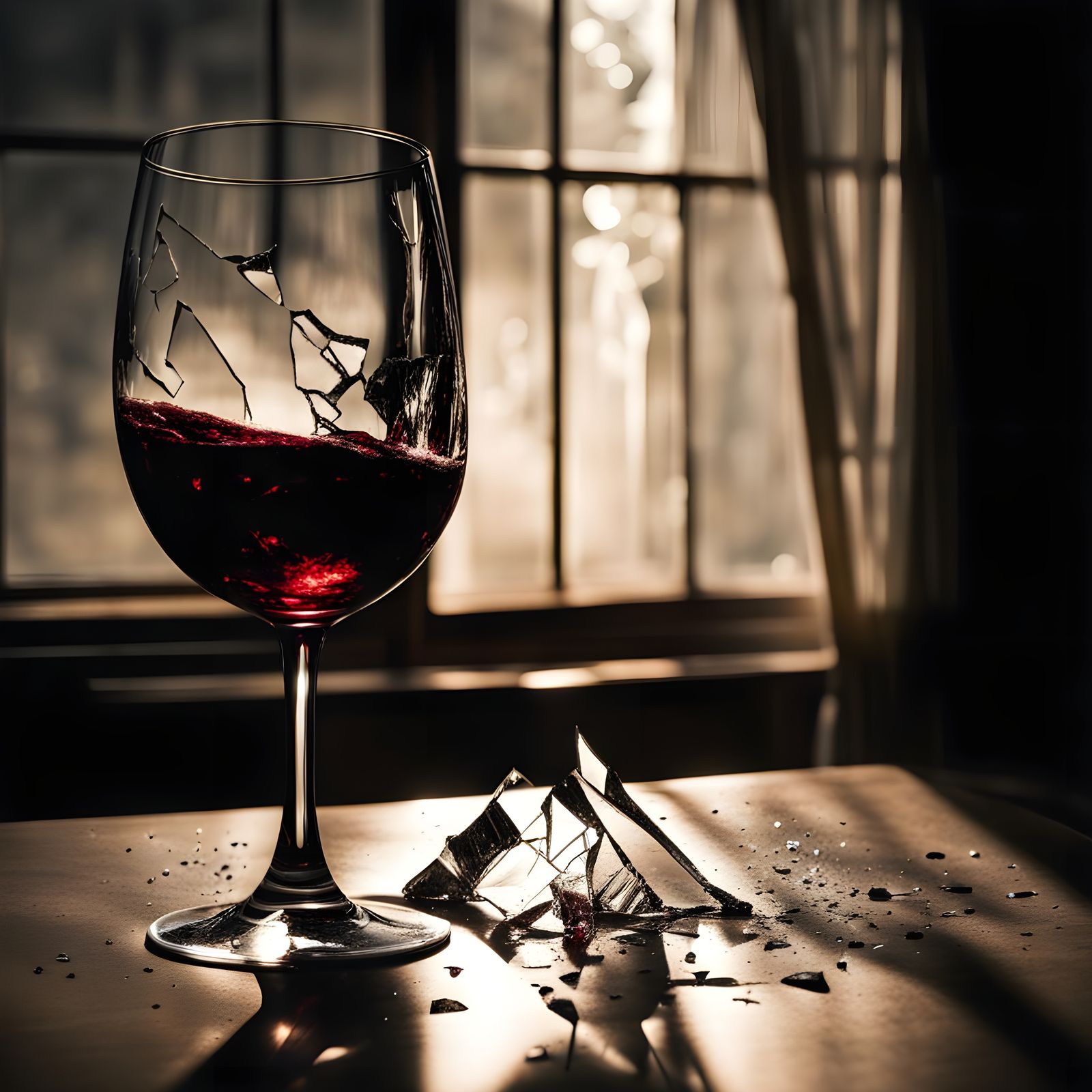 Shattered Wine Glass in Sunlight