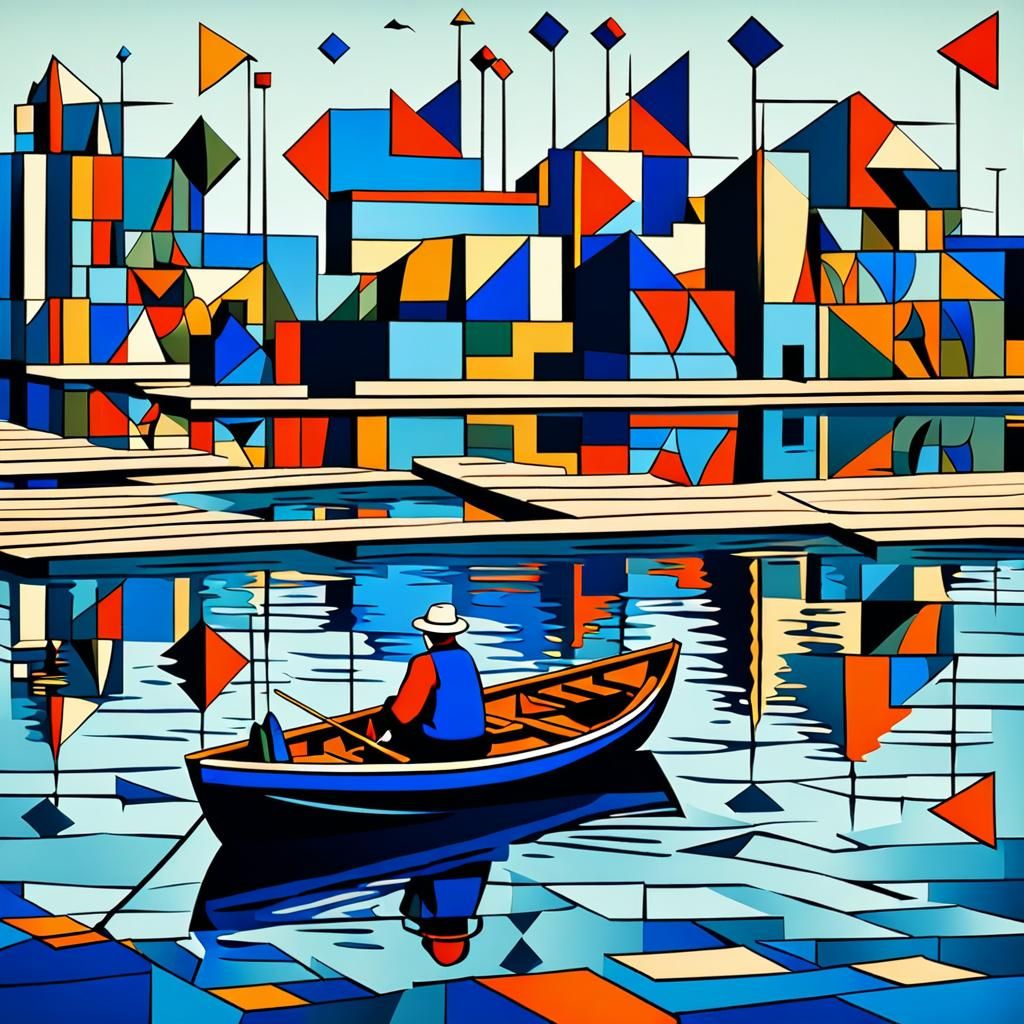 Cubist Fisherman on Lake with Geometric Shapes
