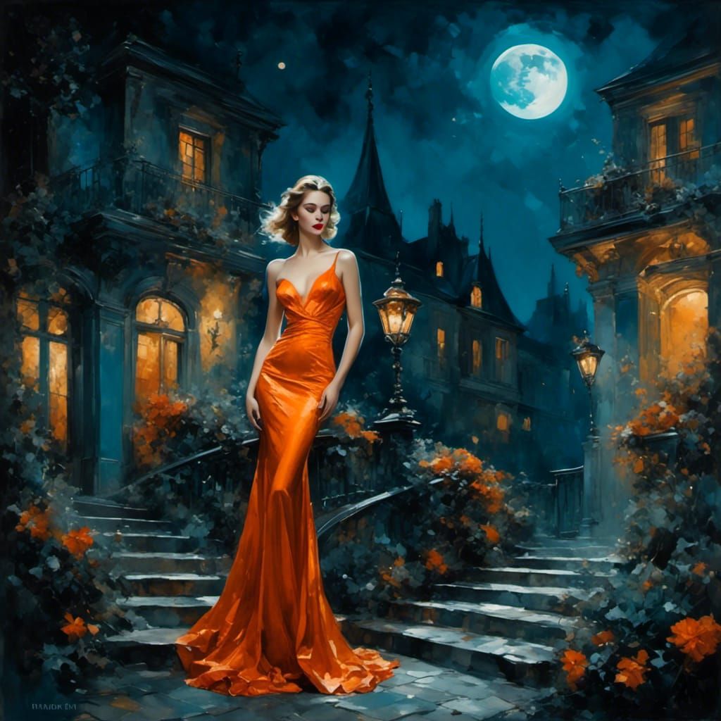 Woman in Orange Dress Under Cyan Moonlight