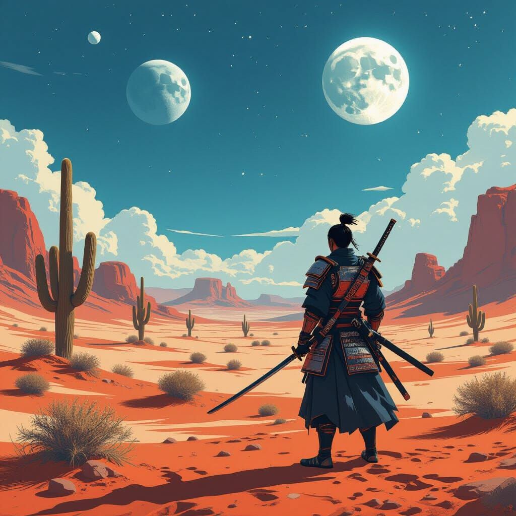 Samurai on Alien Planet Under Two Moons