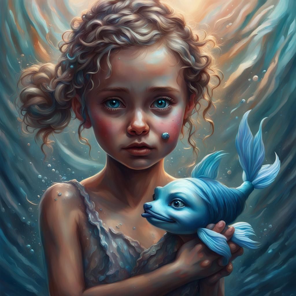 Crying Girl with Mermaid: Hyperrealistic Splash Art
