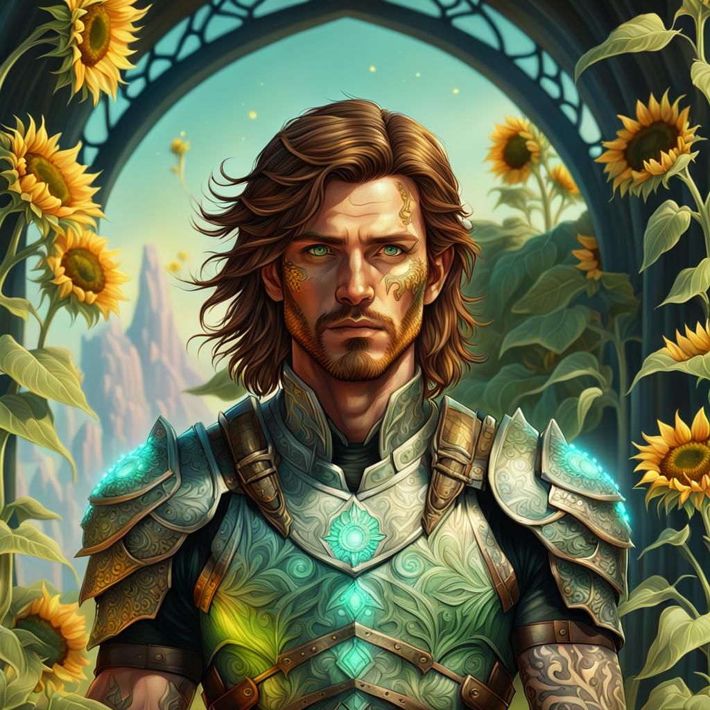 A detailed, beautiful, young fae male warrior. With brown ha...