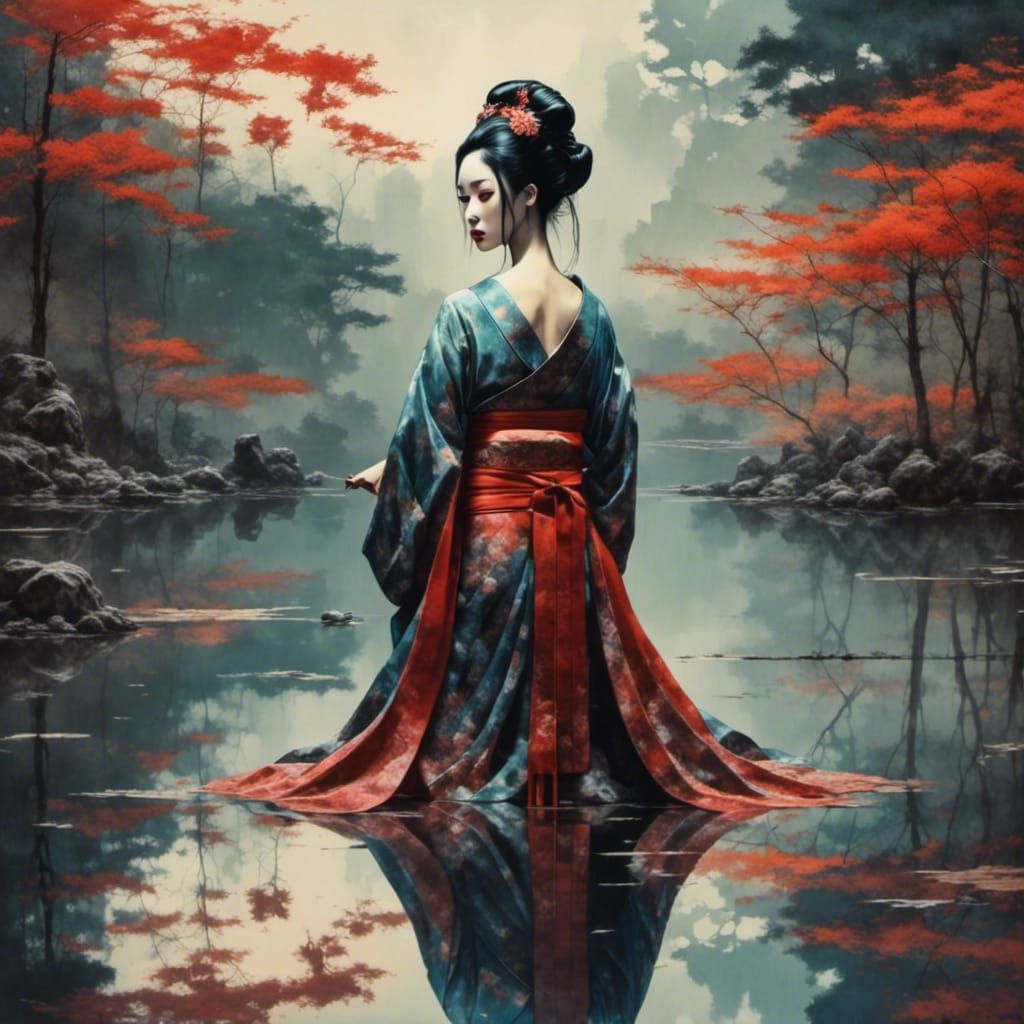 Android Geisha Reflecting in Pond