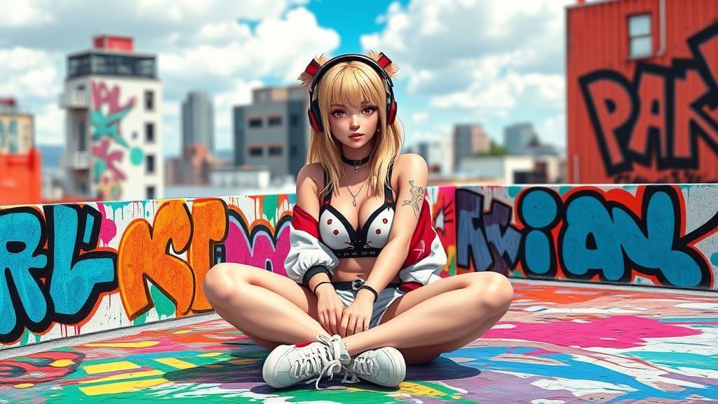 Chic Urban Streamer in Vibrant Graffiti Rooftop Scene