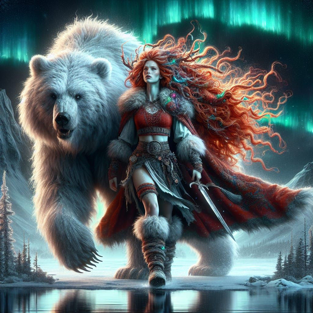Dark Fantasy Princess with Bear in Northern Wilderness