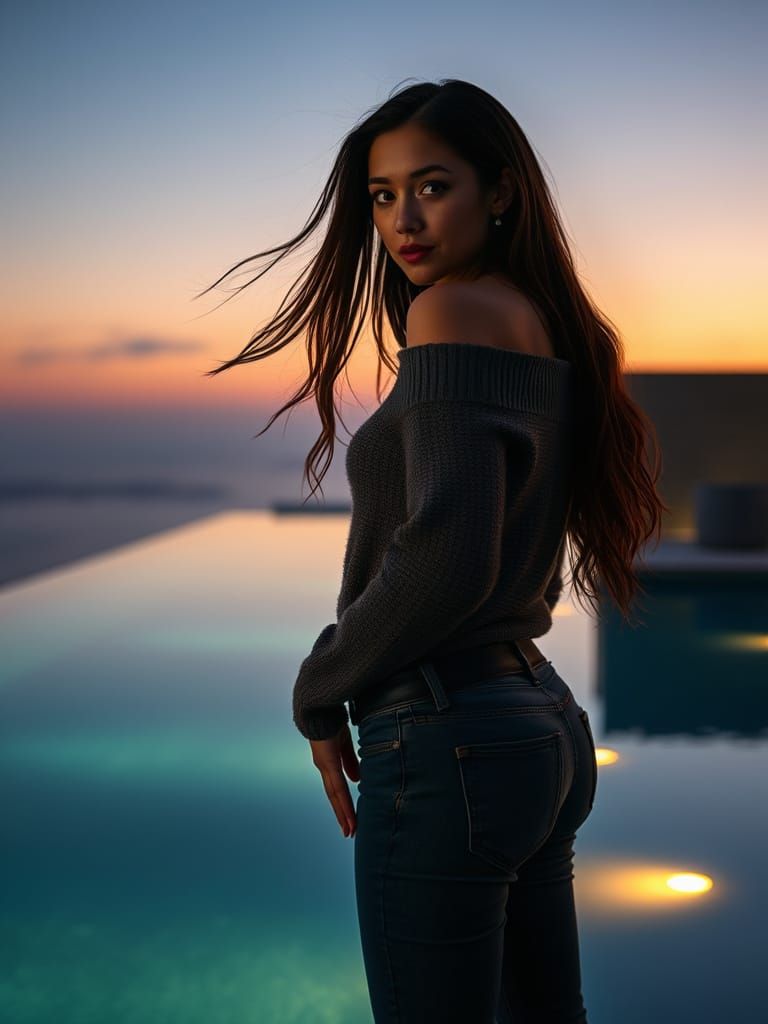 Woman at Infinity Pool in Photorealistic Style