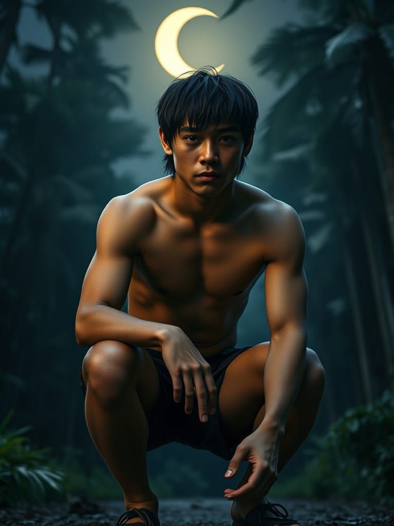 Chiseled Hero in Moonlit Forest