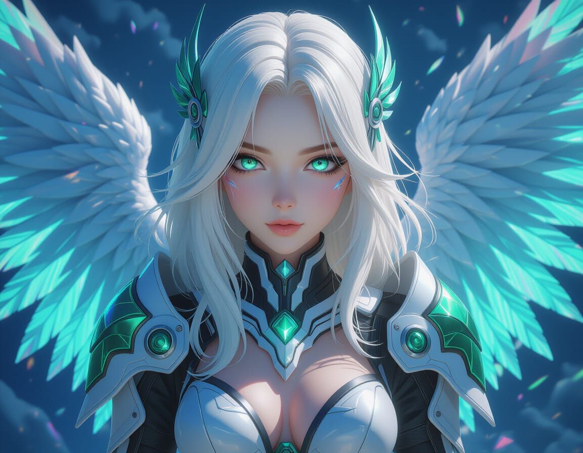 Anime Woman with Emerald Armor and Rainbow Eyes